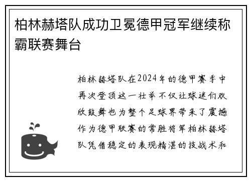 柏林赫塔队成功卫冕德甲冠军继续称霸联赛舞台