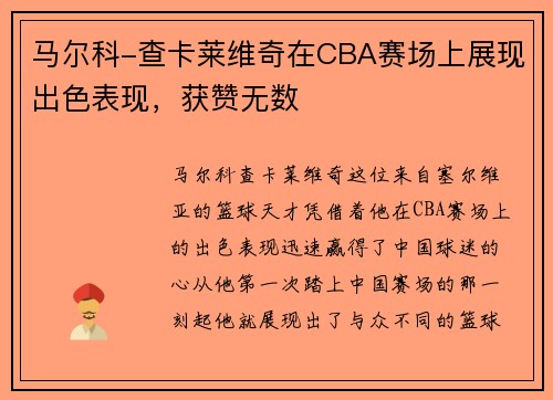 马尔科-查卡莱维奇在CBA赛场上展现出色表现,获赞无数